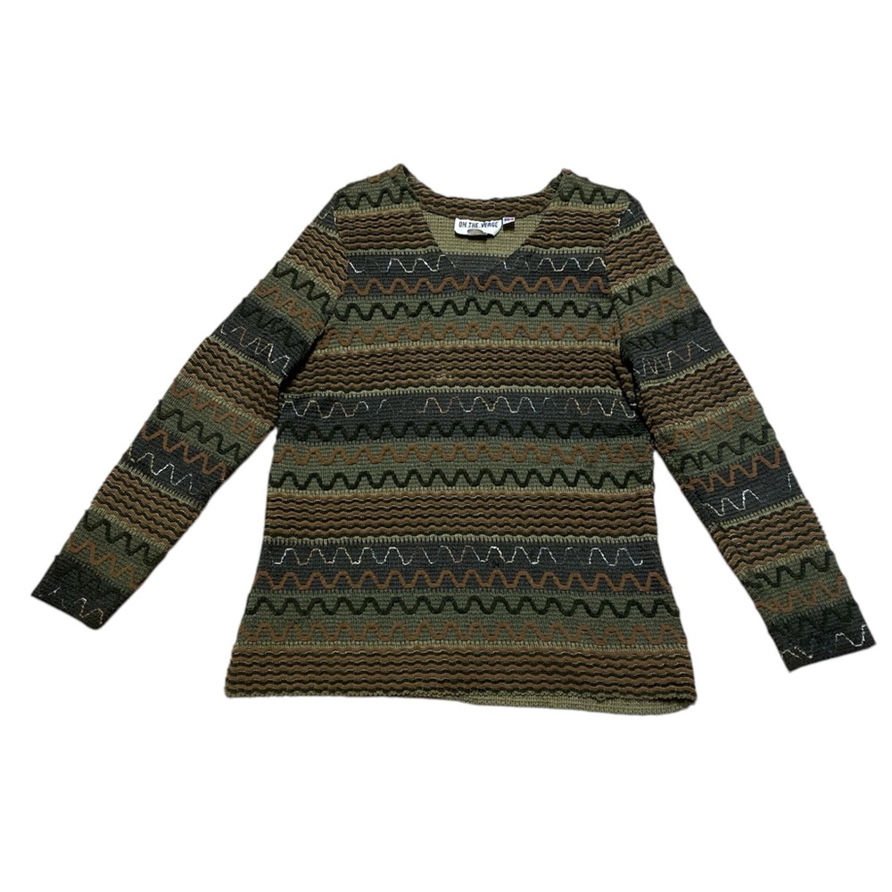 Vintage Sweater Women’s L V Neck Green On The Verge Chunky Long Sleeve Pullover